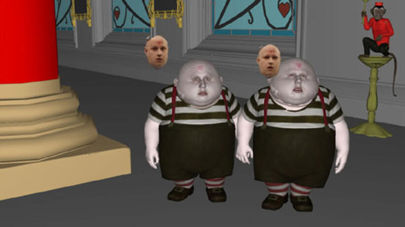 Tweedles Progression 4 of 6: The Tweedles and monkeys are placed in the layout of the Red Queen's throne room.