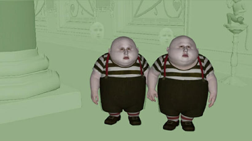 Tweedles Progression 5 of 6: Sony Imageworks artists add realism, by creating movement in the clothing, suspenders and soft bellies and faces.