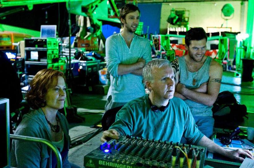Sigourney Weaver, Joel David Moore, writer-director James Cameron and Sam Worthington on the set of "Avatar in Digital 3D."