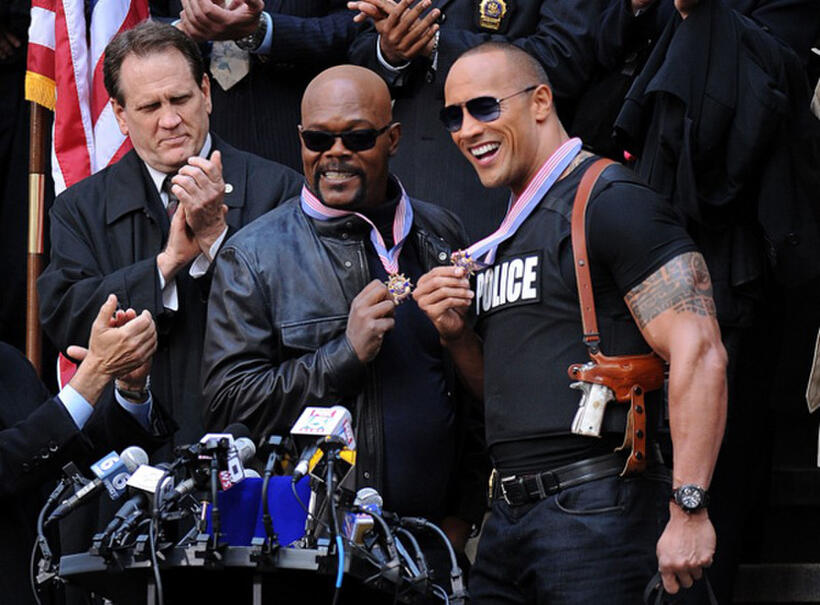 Samuel L. Jackson and Dwayne Johnson on the set of "The Other Guys."