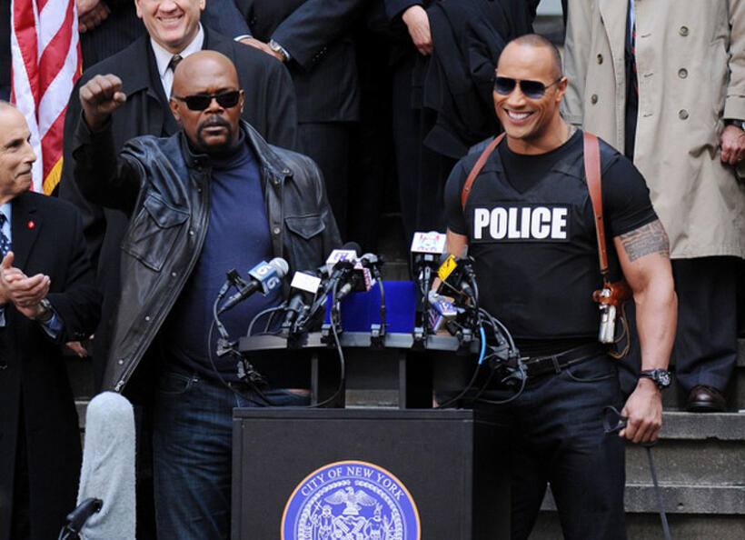 Samuel L. Jackson and Dwayne Johnson on the set of "The Other Guys."