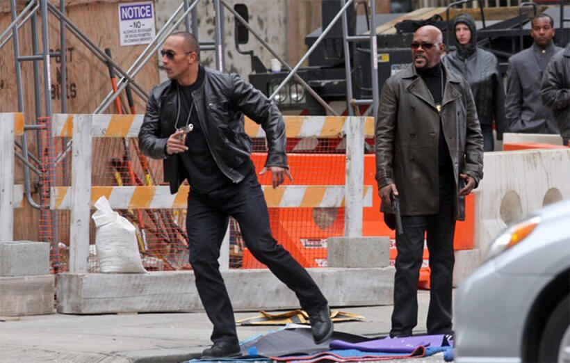 Dwayne Johnson and Samuel L. Jacksonon the set of "The Other Guys."