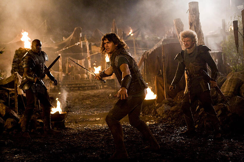 Deobia Oparei as Thundarian, James Franco as Prince Fabiousin and Simon Farnaby as Manious the Bold in "Your Highness."