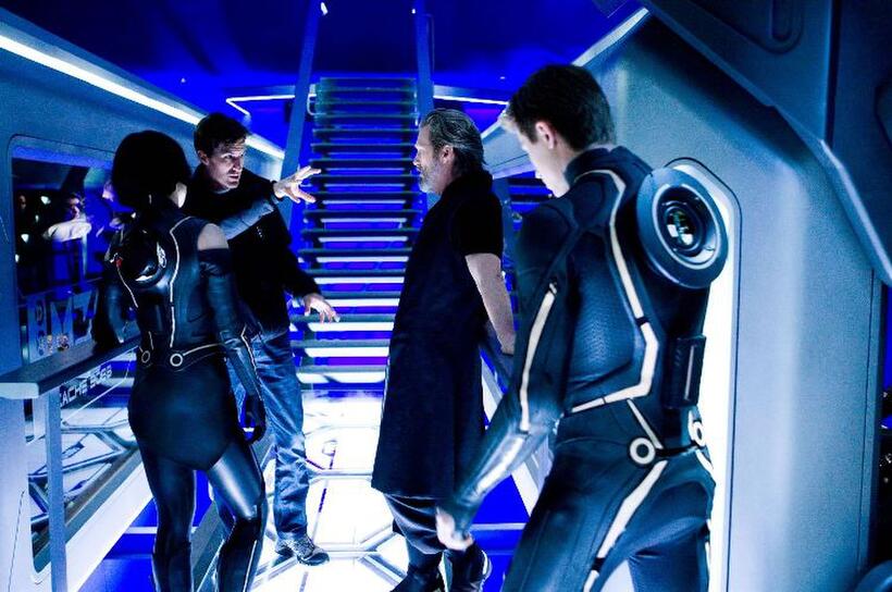 Olivia Wilde, Joseph Kosinski, Jeff Bridges and Garrett Hedlund on the set of "Tron: Legacy."