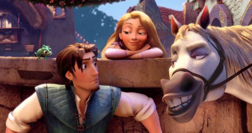 Pascal, Flynn, Rapunzel and Maximus in "Tangled."