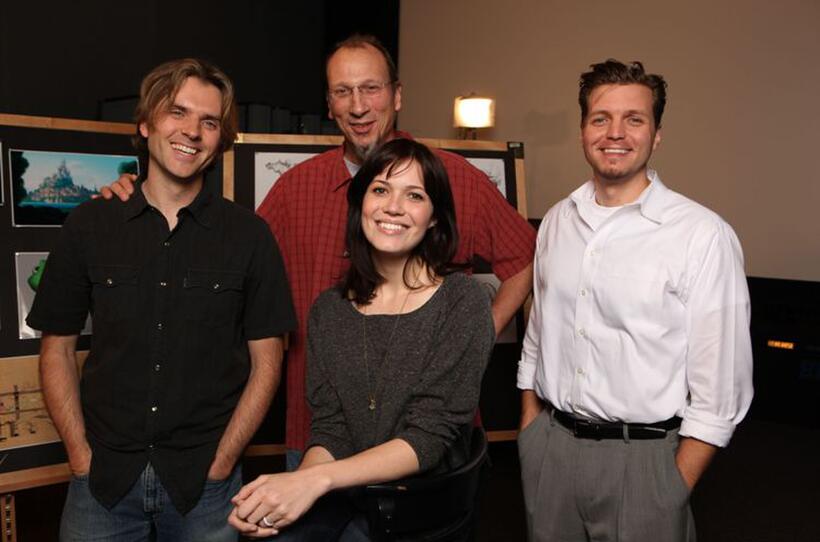 Byron Howard, Roy Conli, Mandy Moore and Nathan Greno on the set of "Tangled."
