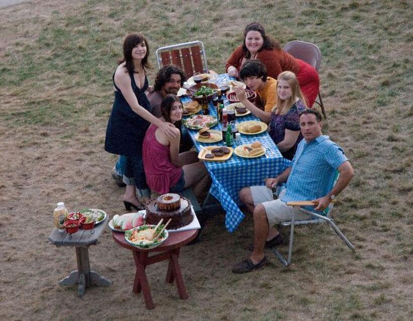Dominik Garcia-Lorido, Steven Strait, Julianna Margulies, Carrie Baker Reynolds, Ezra Miller, Hope Glendon Ross and Andy Garcia on the set of "City Island."