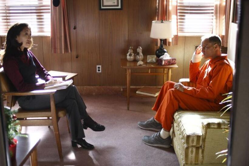 Sandra Oh as Dr. Park and Woody Harrelson as Arthur in "Defendor."