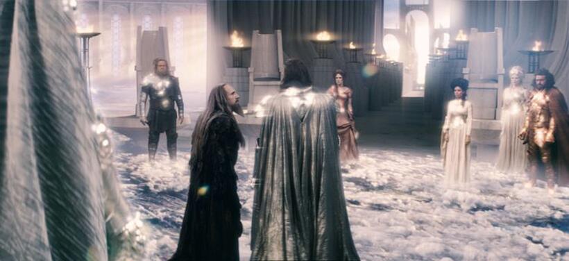 Paul Kynman as Hephaestus, Ralph Fiennes as Hades, Liam Neeson as Zeus, Charlotte Comer as Demeter, Jane March as Hestia, Nathalie Cox as Artemis and Tamer Hassan as Ares in "Clash of the Titans."