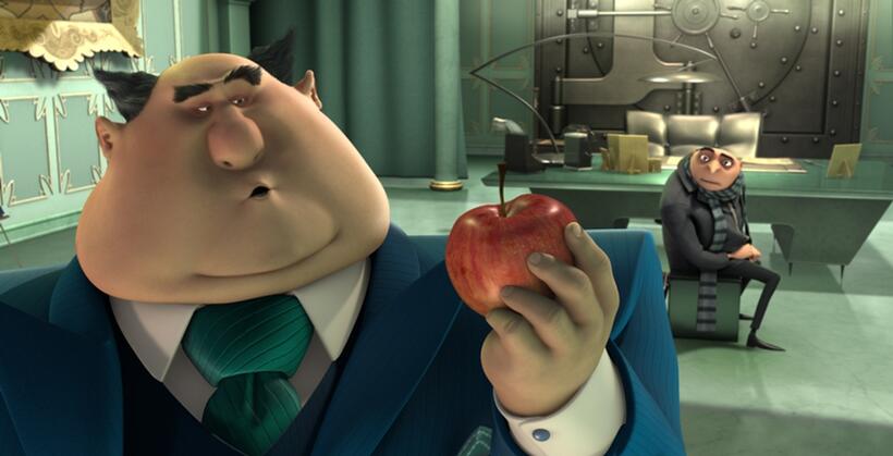 Will Arnett voices Mr. Perkins and Steve Carell voices Gru in "Despicable Me."