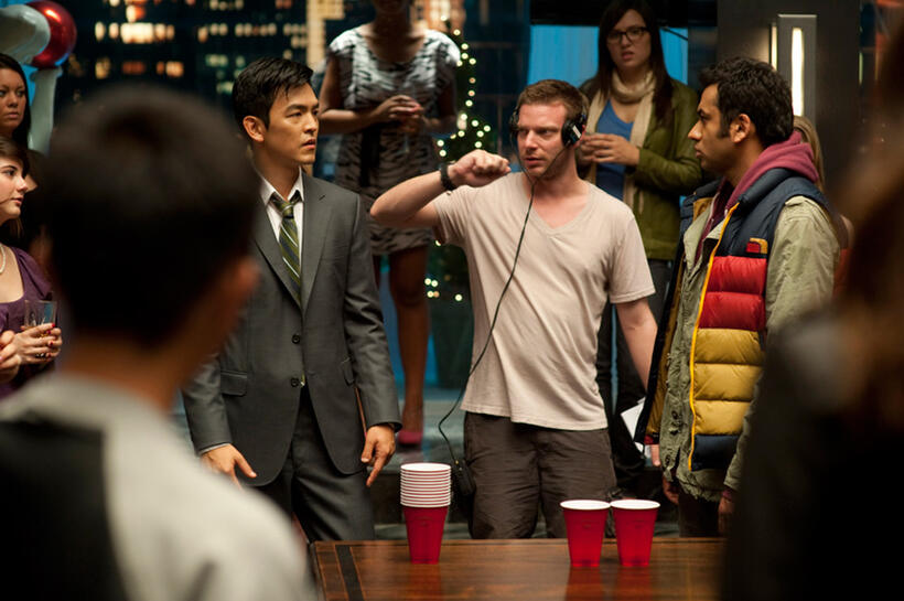 John Cho, director Todd Strauss-schulson and Kal Penn on the set of "A Very Harold & Kumar Christmas."