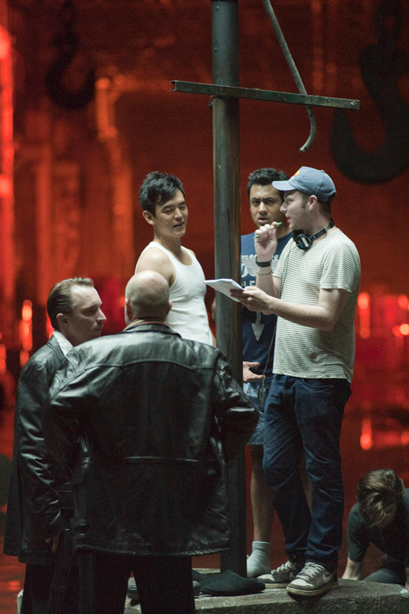 John Hoogenakker, Yasen Peyankov, John Cho, Kal Penn and director Todd Strauss-schulson on the set of "A Very Harold & Kumar Christmas."