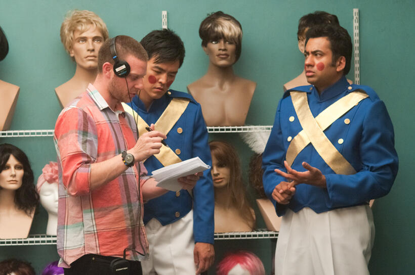 Director Todd Strauss-schulson, Kal Penn and John Cho on the set of "A Very Harold & Kumar Christmas."