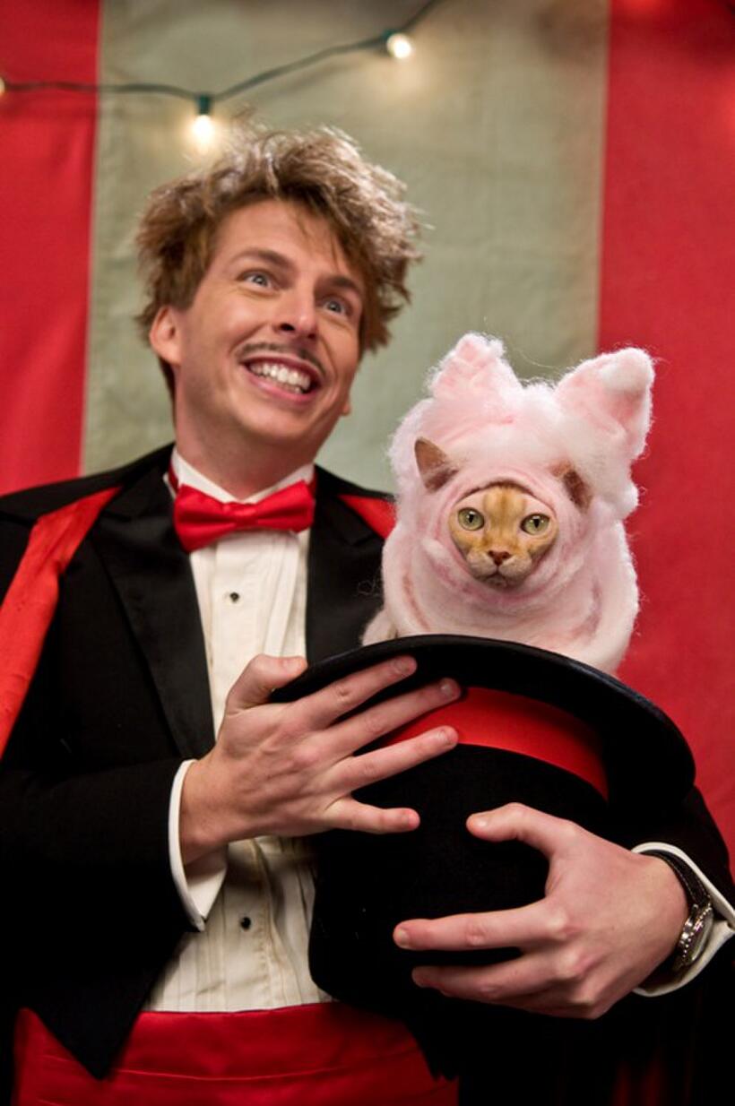 Jack Mcbrayer as Chuck and Kitty Galore voiced by Bette Midler in "Cats & Dogs: The Revenge of Kitty Galore."