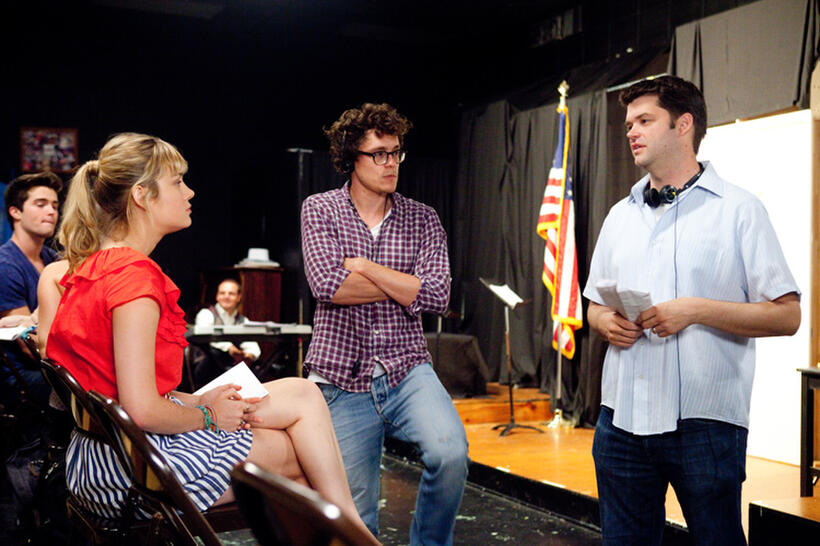 Brie Larson, director Phil Lord and director Chris Miller on the set of "21 Jump Street."