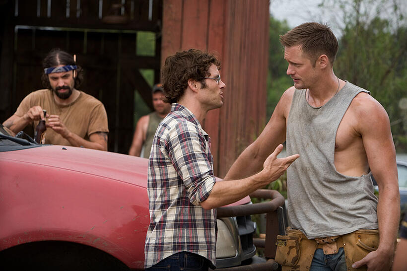 Rhys Coiro as Norman, James Marsden as David Sumner and Alexander Skarsgard as Charlie in "Straw Dogs."