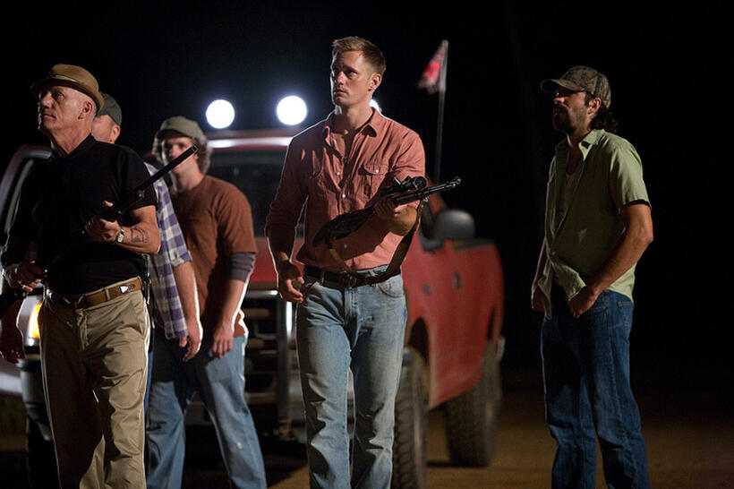James Woods as Tom Heddon, Billy Lush as Chris, Alexander Skarsgard as Charlie and Rhys Coiro as Norman in "Straw Dogs."