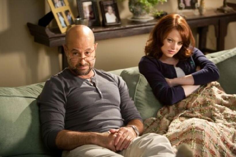 Stanley Tucci as Olive's father Dill and Emma Stone as Olive Penderghast in "Easy A."
