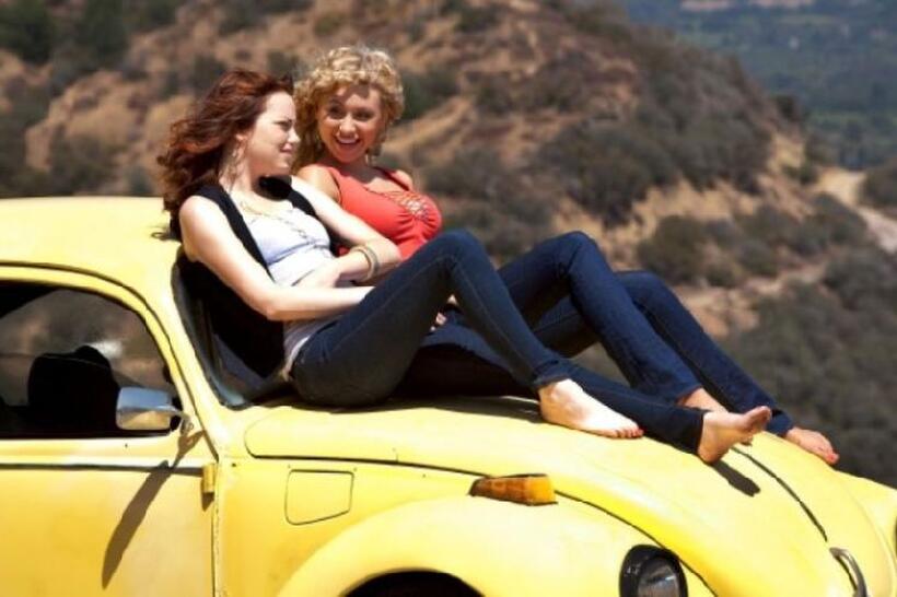 Emma Stone as Olive Penderghast and Aly Michalka as Rhiannon in "Easy A."