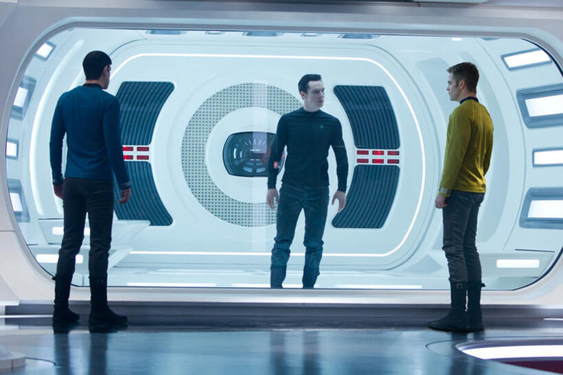 Zachary Quinto as Spock, Benedict Cumberbatch as John Harrison and Chris Pine as Kirk in "Star Trek into Darkness."