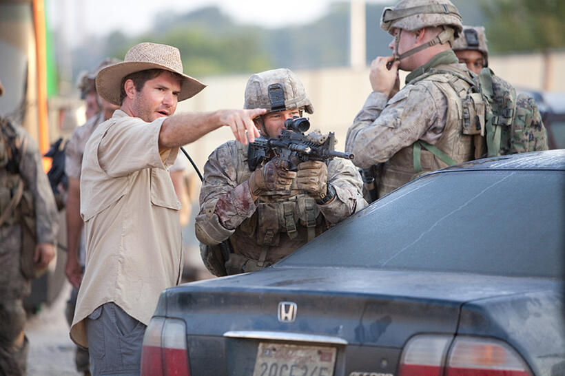 Director Jonathan Liebesman and Aaron Eckhart on the set of "Battle: Los Angeles."
