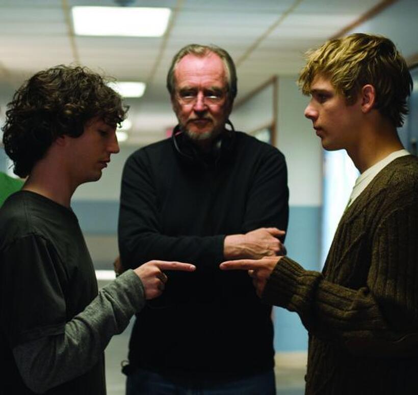 John Magaro, Max Thieriot and writer/director Wes Craven on the set of "My Soul to Take."
