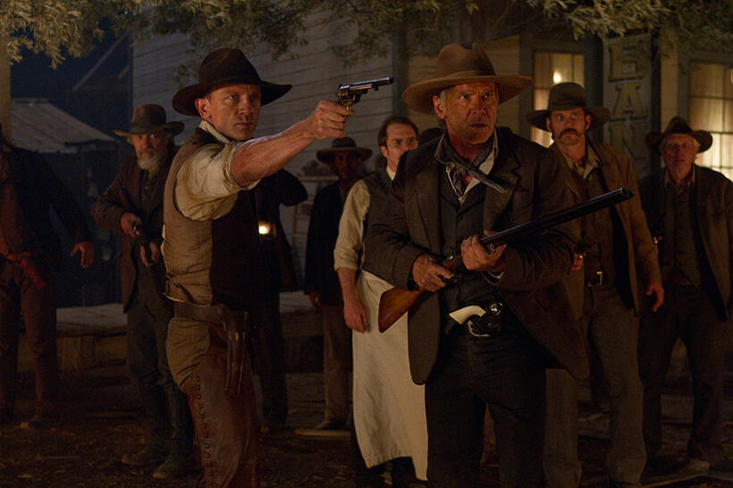 Daniel Craig as Zeke Jackson, Sam Rockwel as Doc and Harrison Ford as Colonel Dolarhyde in "Cowboys & Aliens."