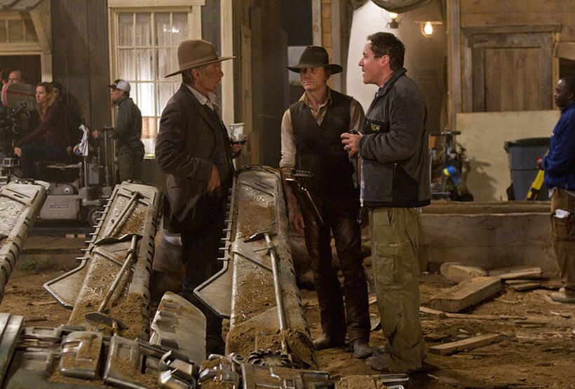 Harrison Ford, Daniel Craig and director/executive producer Jon Favreau on the set of "Cowboys & Aliens."