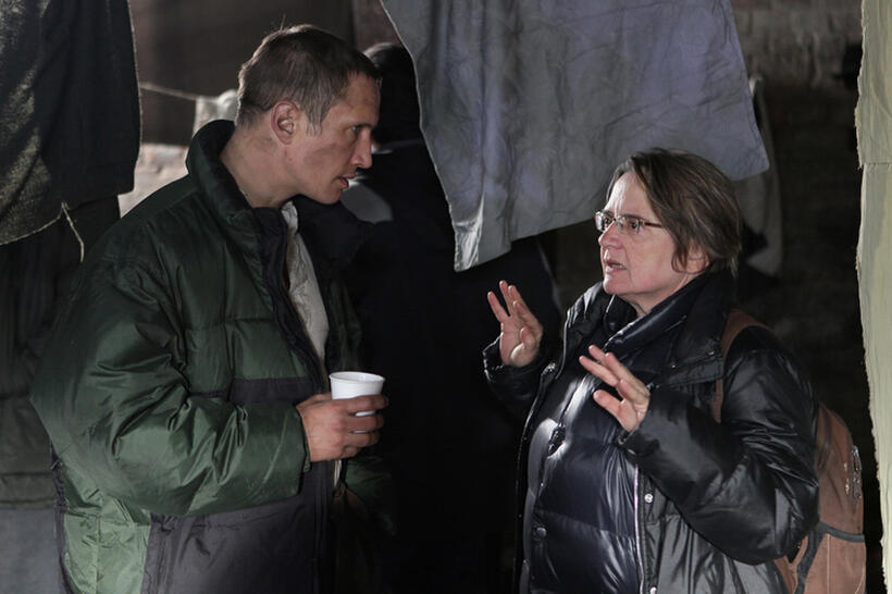 Benno Furmann and director Agnieszka Holland on the set of "In Darkness."