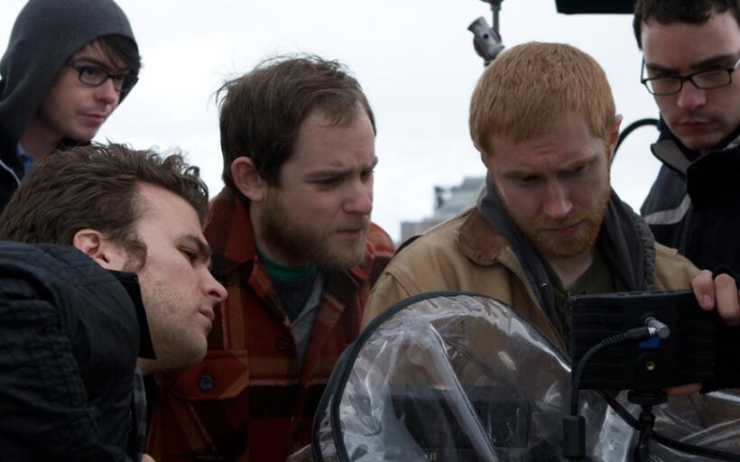 Producer Ben Stambler, Sean McElwee, director Aaron Katz, director of Photography Andrew Reed and Jeff Taylor on the set of "Cold Weather."