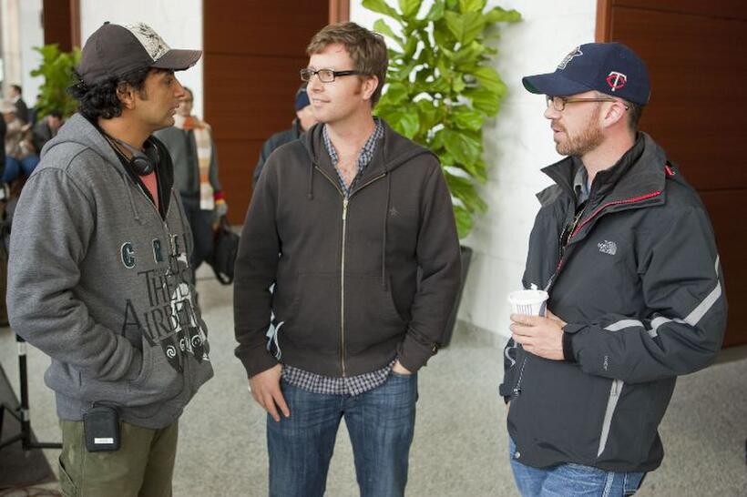 M. Night Shyamalan, director John Erick Dowdle and executive producer Drew Dowdle on the set of "Devil."