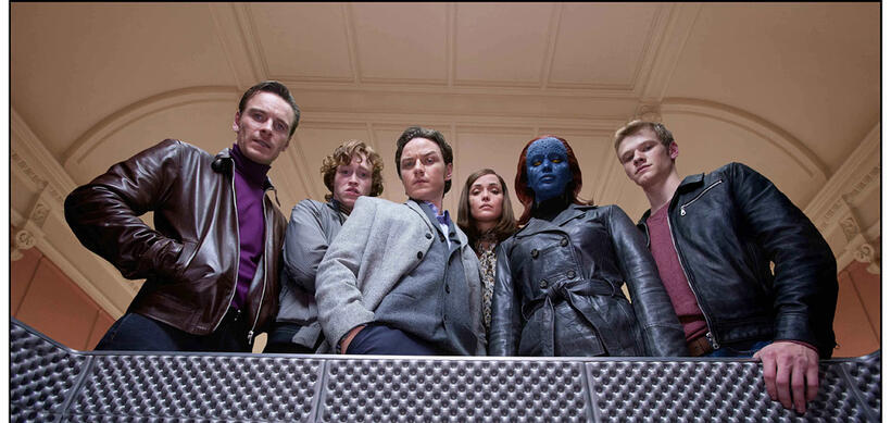 Michael Fassbender as Erik, Caleb Landry Jones as Banshee, James McAvoy as Charles, Rose Byrne as Moira, Jennifer Lawrence as Raven and Lucas Till as Havok in "X-Men: First Class."