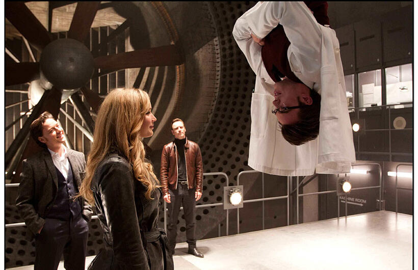 James McAvoy as Charles, Jennifer Lawrence as Raven, Michael Fassbender as Erik and Nicholas Hoult as Dr. Hank McCoy in "X-Men: First Class."