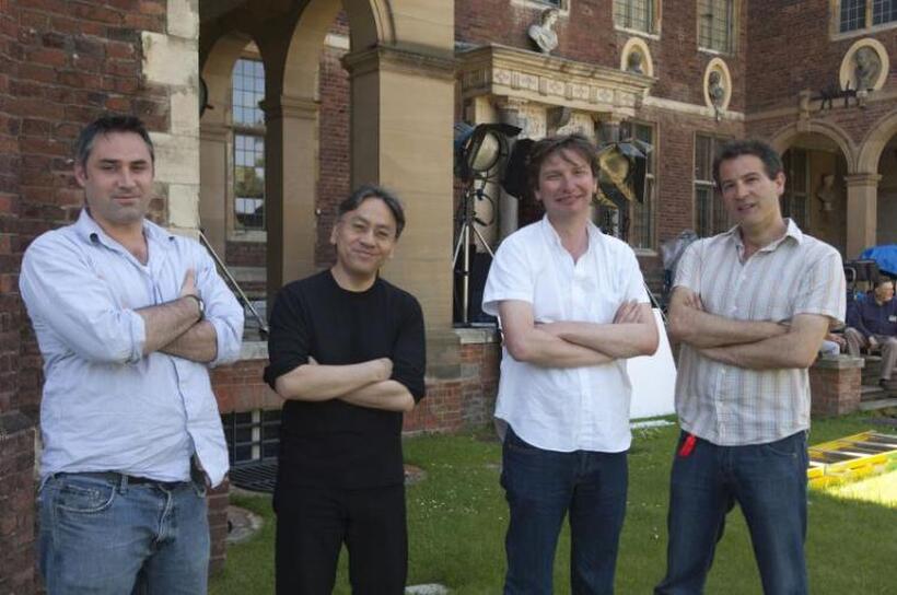 Screenwriter Alex Garland, Novelist Kazou Ishiguru, producers Andrew Garfield and Allon Reich on the set of "Never Let Me Go."