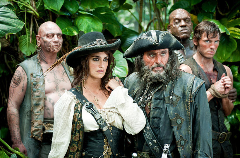 Ian Mercer as Quartermaster, Penelope Cruz as Angelica, Ian Mcshane as Blackbeard, Deobia Operei as Gunner and Sam Claflin as Philip Swift in "Pirates Of The Caribbean: On Stranger Tides."