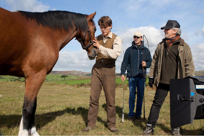 Joey, Jeremy Irvine and director Steven Spielberg on the set of "War Horse."