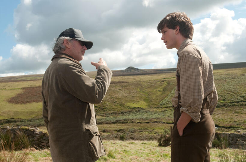 Director Steven Spielberg and Jeremy Irvine on the set of "War Horse."