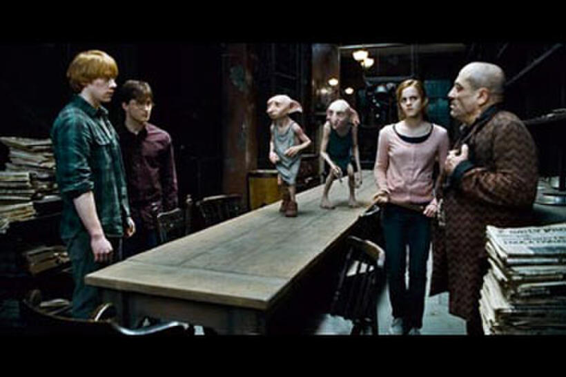 Rupert Grint, Daniel Radcliffe, Emma Watson and Andy Linden with house elves Kreacher and Dobby in "Harry Potter and the Deathly Hallows: Part 1"