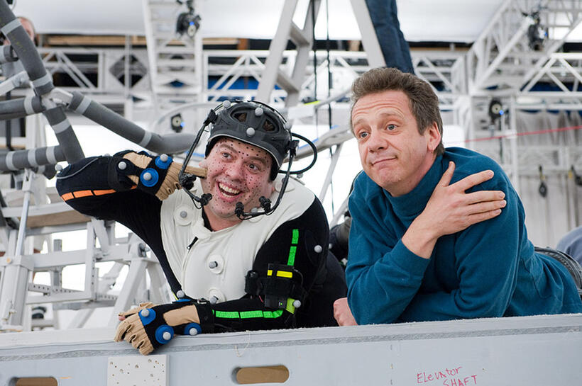 Dan Fogler and director Simon Wells on the set of "Mars Needs Moms."