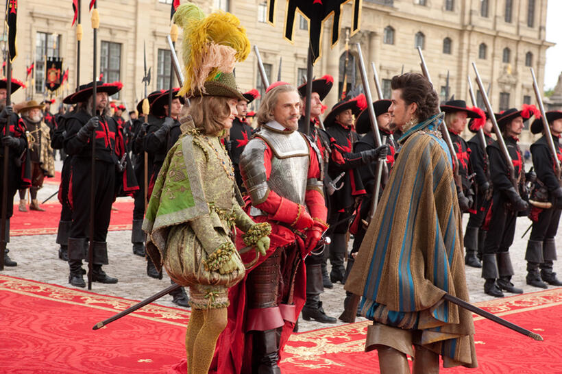 Freddie Fox, Christoph Waltz and Orlando Bloom in "The Three Musketeers."
