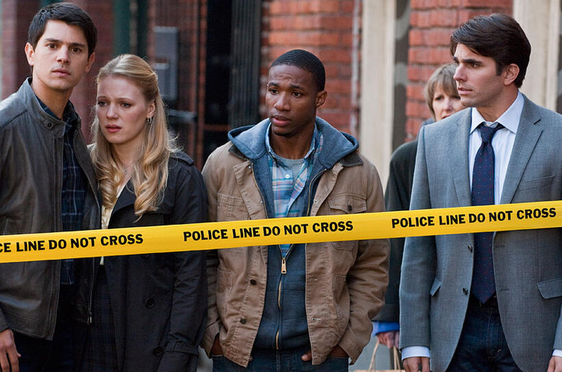 Nicholas D'agosto as Sam, Emma Bell as Molly, Arlen Escarpeta as Nathan and Miles Fisher as Peter in "Final Destination 5."