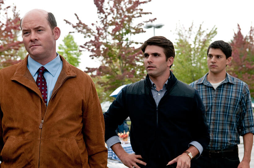 David Koechner as Dennis, Miles Fisher as Peter and Nicholas D'agosto as Sam in "Final Destination 5."