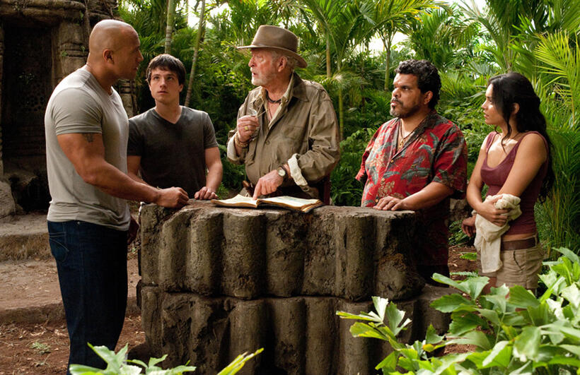 Dwayne Johnson as Hank, Josh Hutcherson as Sean, Michael Caine as Alexander, Luis Guzman as Gabato and Vanessa Hudgens as Kailani in "Journey 2: The Mysterious Island."