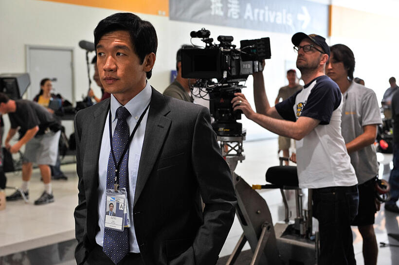 Chin Han and Director Steven Soderbergh on the set of "Contagion."