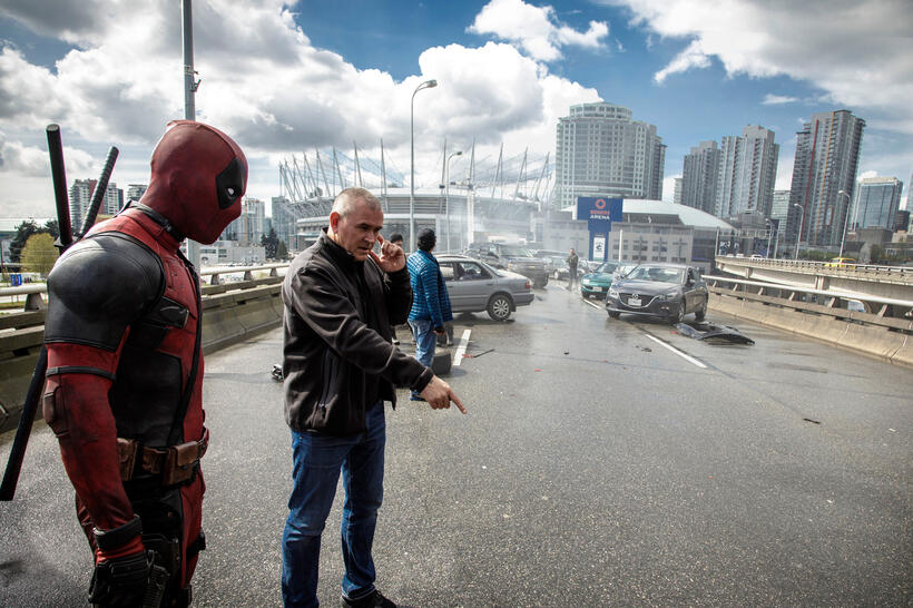 Ryan Reynolds and Director Tim Miller on the set of "Deadpool."