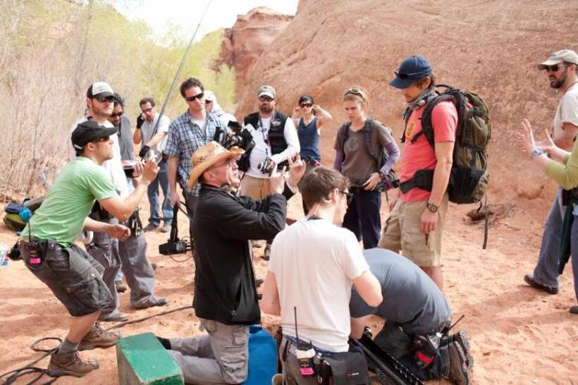 Director Danny Boyle and James Franco on the set of "127 Hours."
