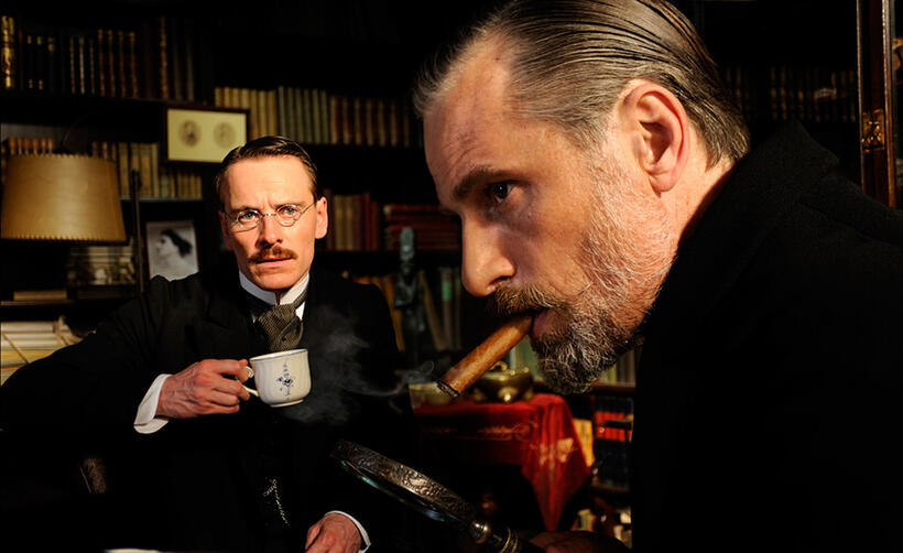 Michael Fassbender as Carl Jung and Viggo Mortensen as Sigmund Freud in "A Dangerous Method."