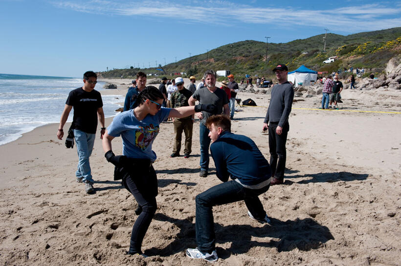 Gina Carano, Ewan McGregor, director Steven Soderbergh and producer Gregory Jacobs on the set of "Haywire."