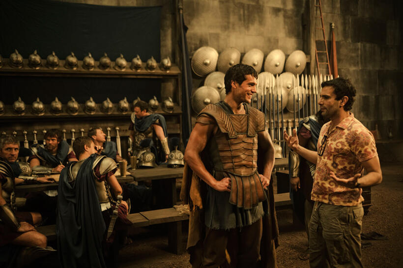 Henry Cavill and director Tarsem Singh on the set of "Immortals."