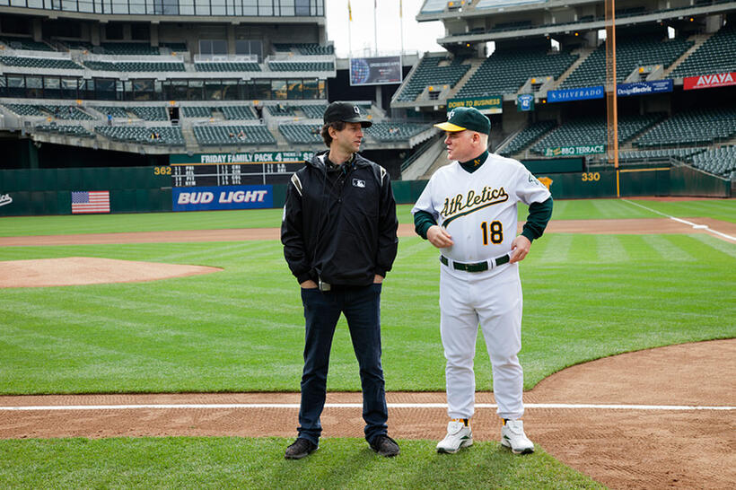 Director Bennett Miller and Philip Seymour Hoffman on the set of "Moneyball."